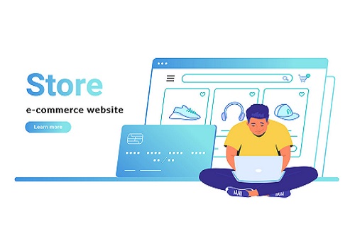 Online store e-commerce website banner. Flat line vector illustration of cute man sitting alone in lotus pose with laptop and shopping online. Credit card and web page line icon on white background